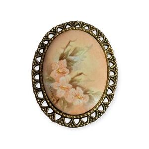 Vintage Japan Hand Painted Porcelain Floral‎ Oval Brooch Pin Signed Suzanne 99